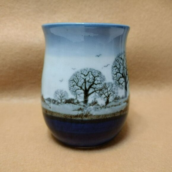 Handcrafted Ceramic Mug With Winter Tree Scene, Otagiri Stoneware Style Blue - Picture 3 of 8